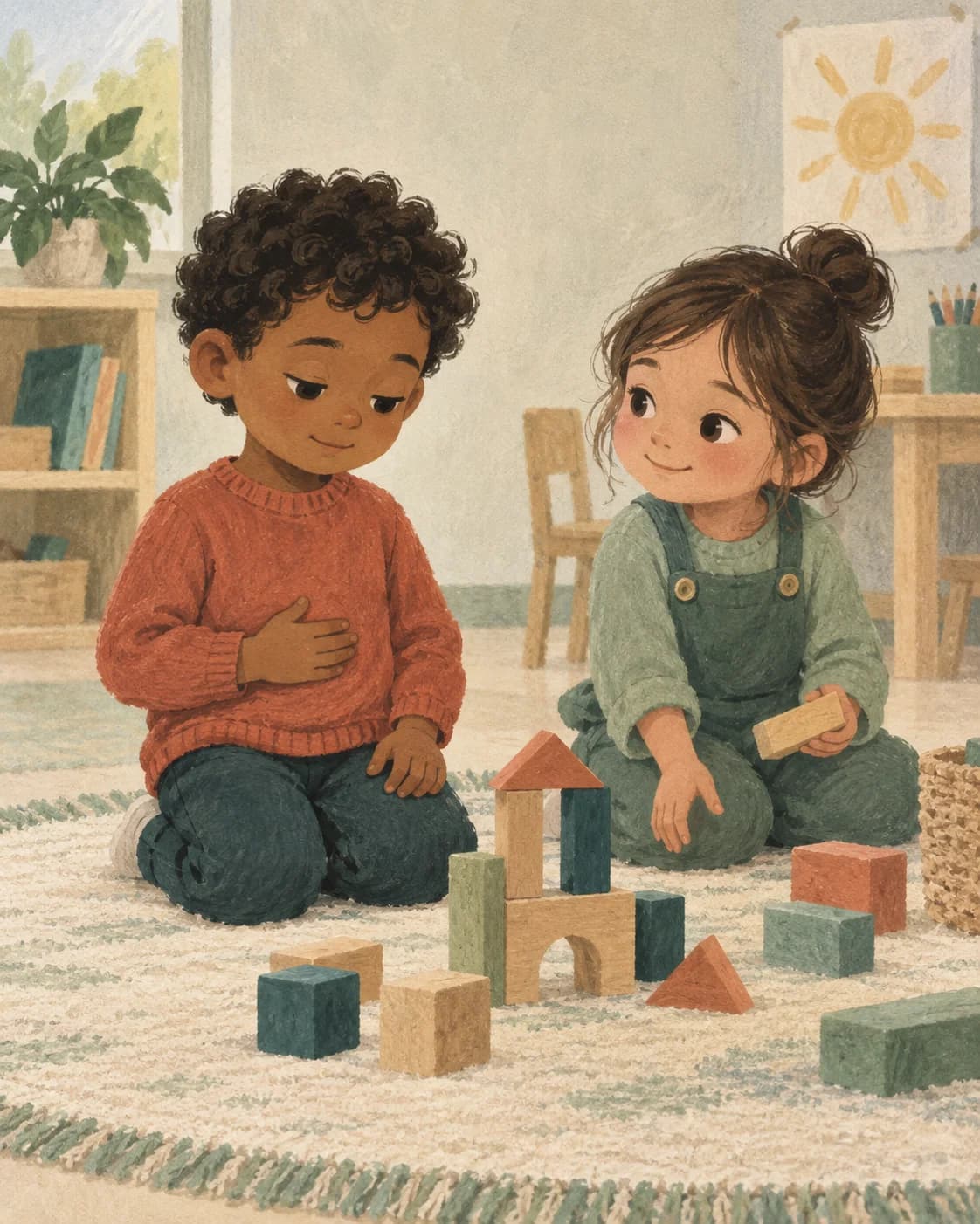 A child pauses for a calming breath before joining a classmate's block-building activity