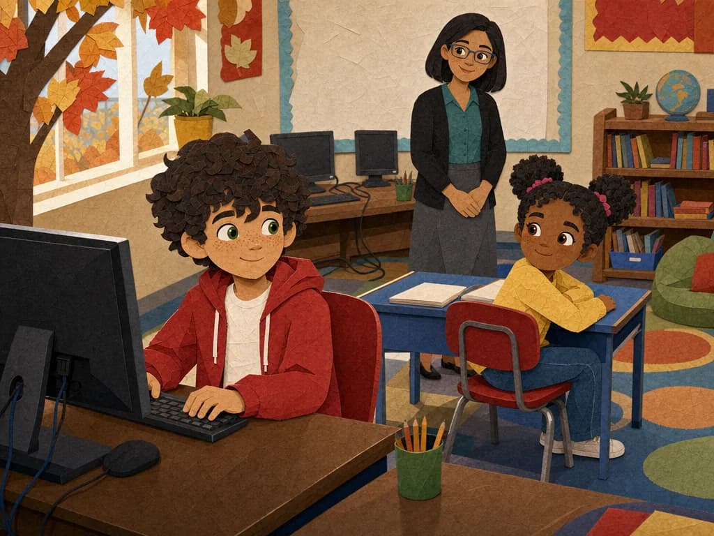 Bob and Alex happily working together at a classroom computer