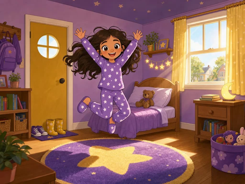 Mia in starry pajamas jumping for joy in her purple bedroom